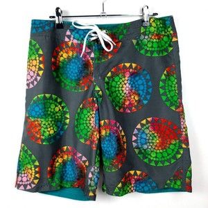 Miken Gray & Colorful  Geometric Shapes Board Shorts Swim Trunks Mens Medium